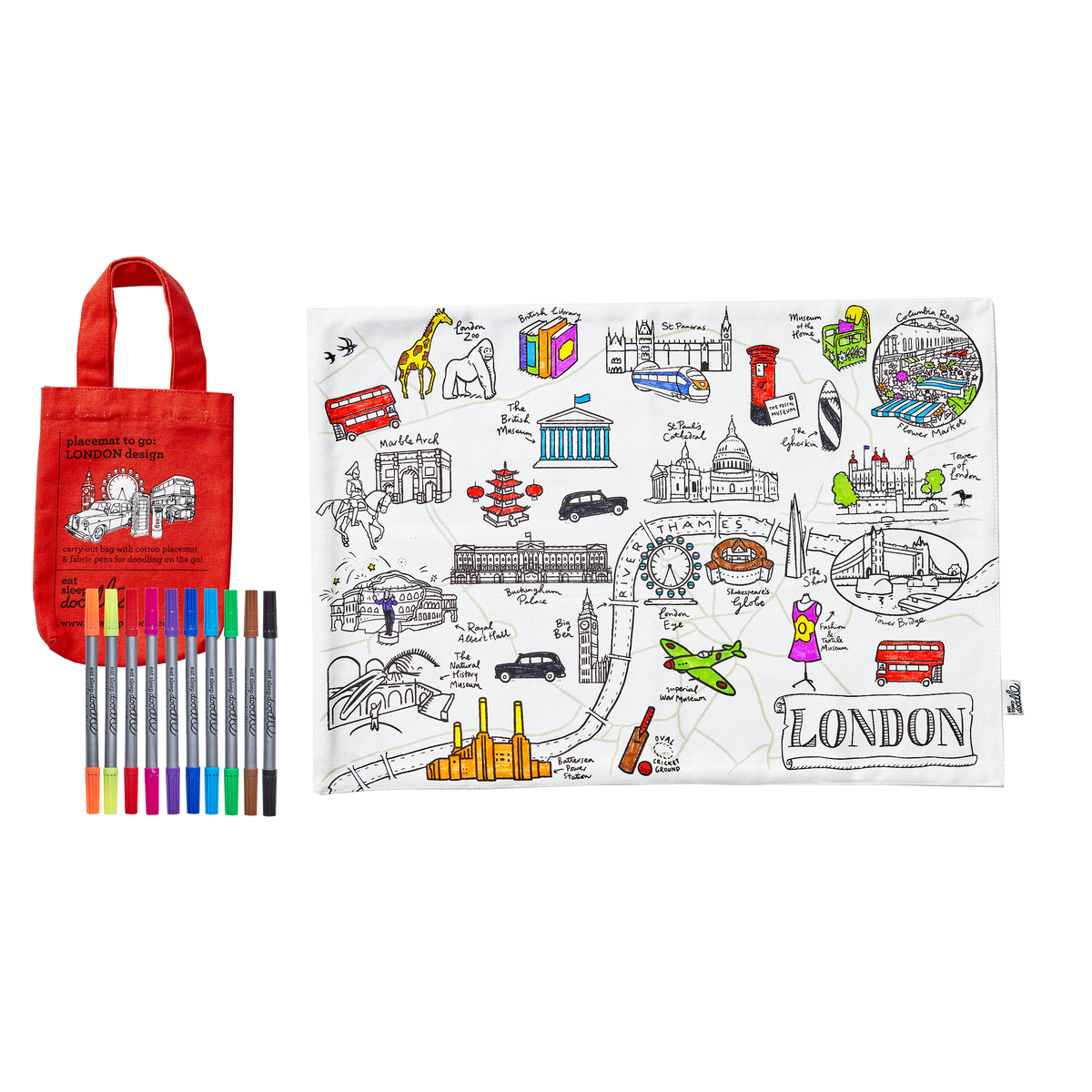 London Colour-In Cotton Placemat with Washable Pens Set