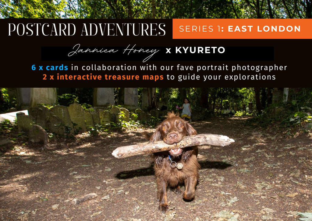 Dog holding a log in a forest with promotional text for 'Postcard Adventures' series 1: East London'.