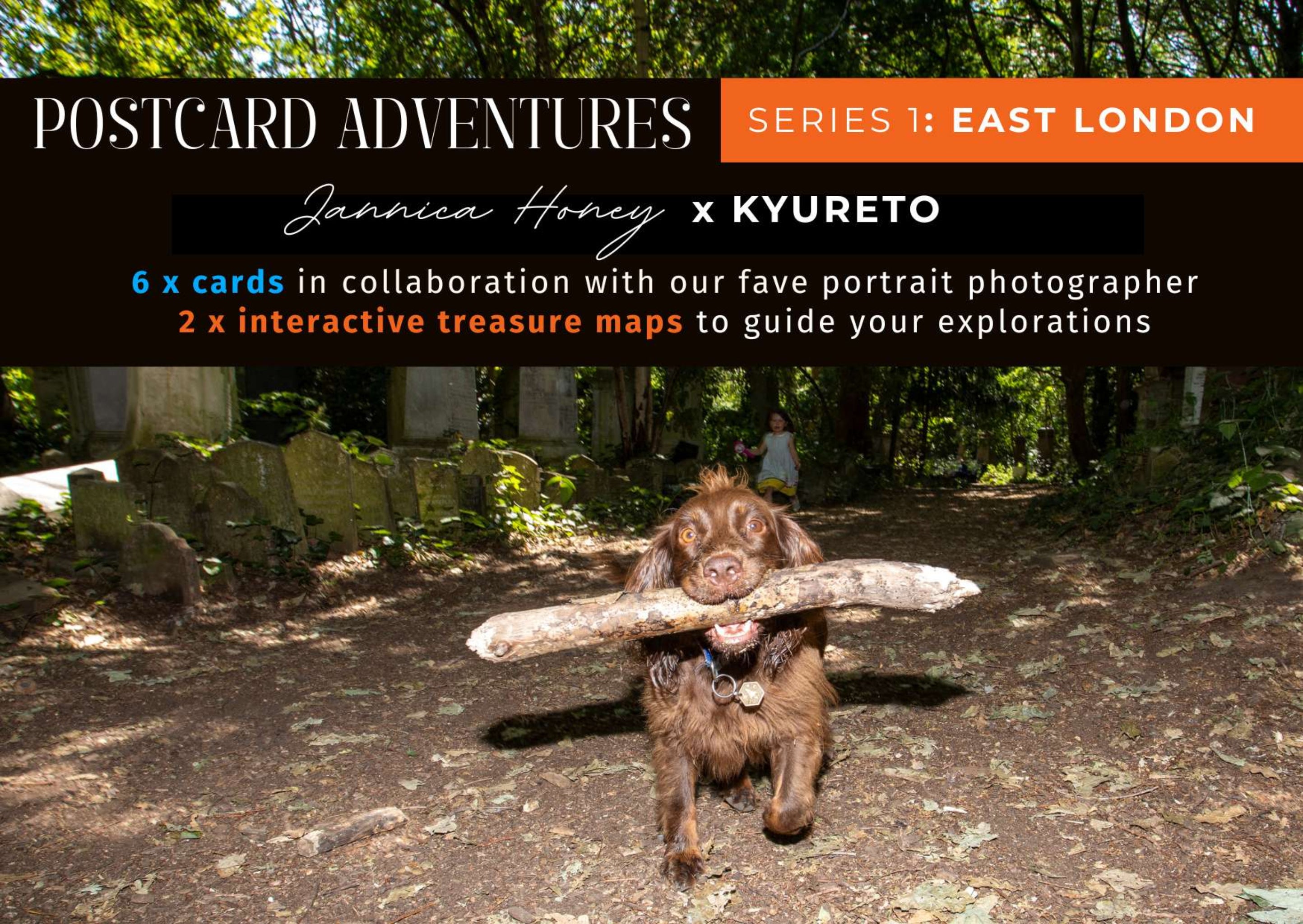 Dog holding a log in a forest with promotional text for 'Postcard Adventures' series 1: East London'.