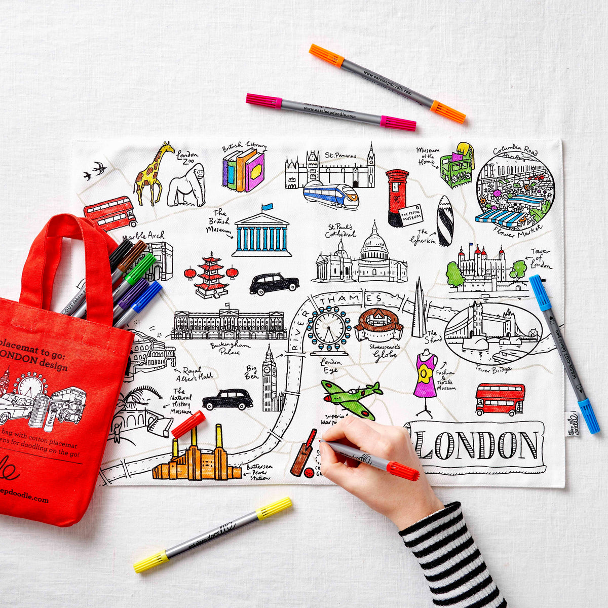 London Colour-In Cotton Placemat with Washable Pens Set