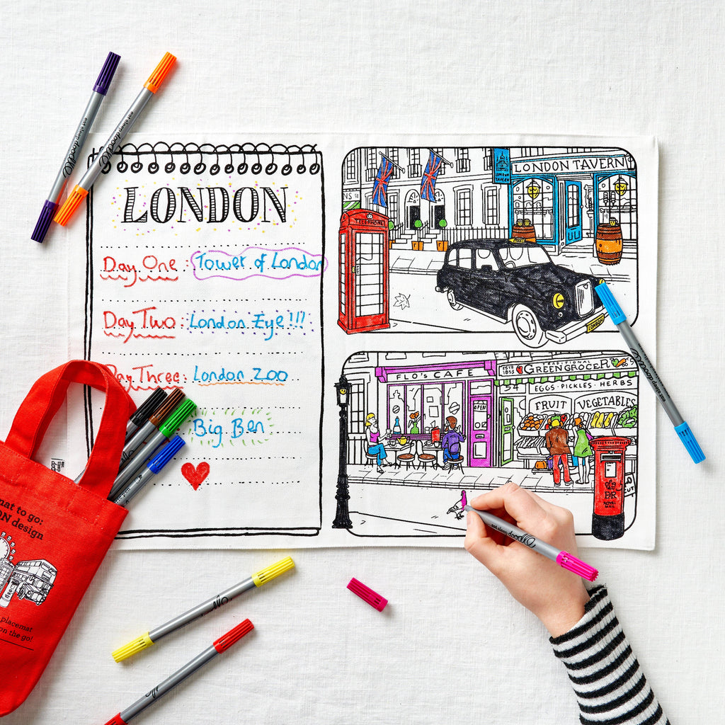 London Colour-In Cotton Placemat with Washable Pens Set