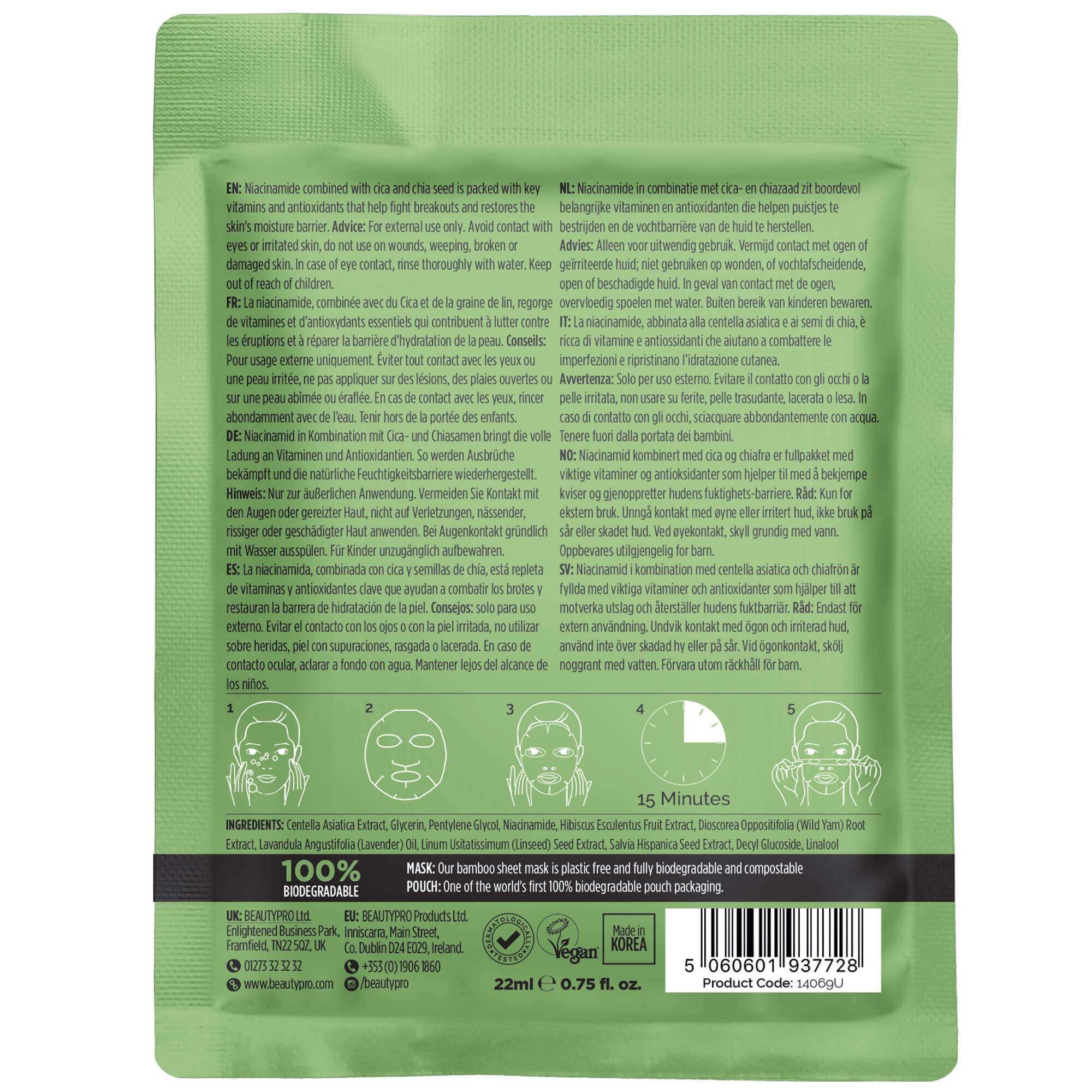 CICA + NIACINAMIDE Facial Sheet Mask - 100% Biodegradable