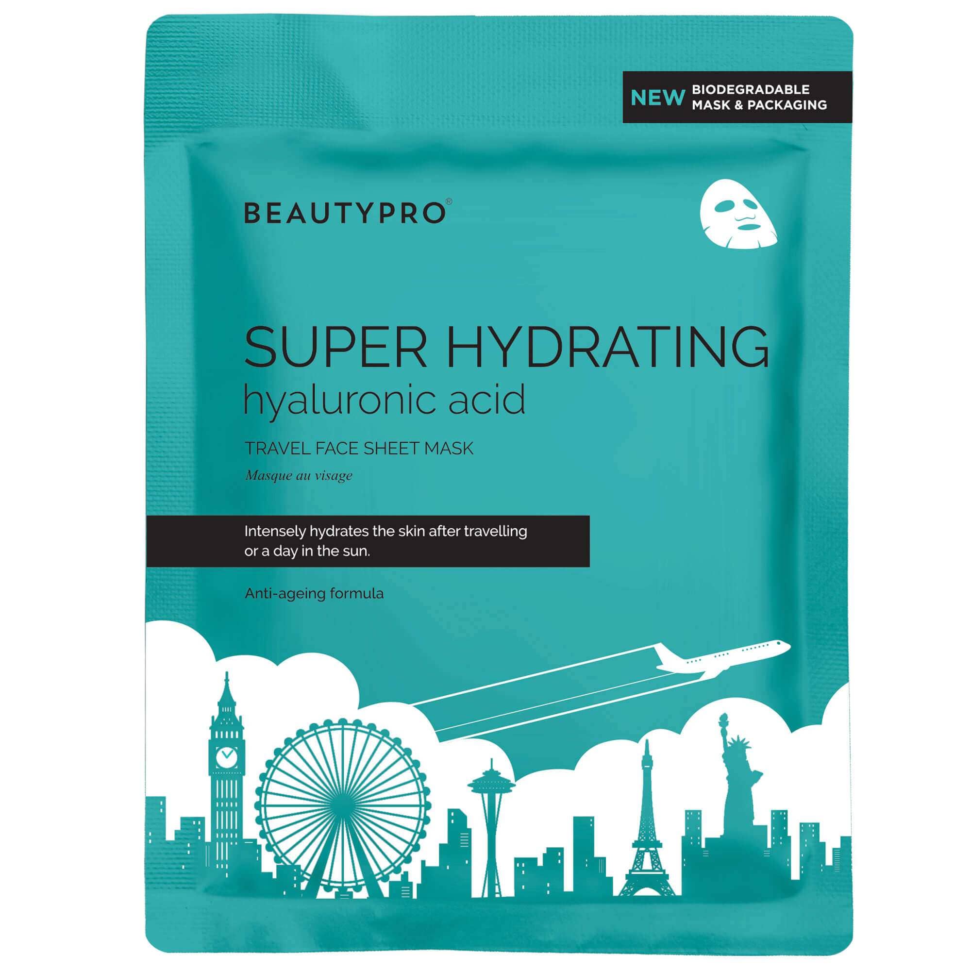 BEAUTYPRO Super Hydrating hyaluronic acid travel face sheet mask packaging with a cityscape design.