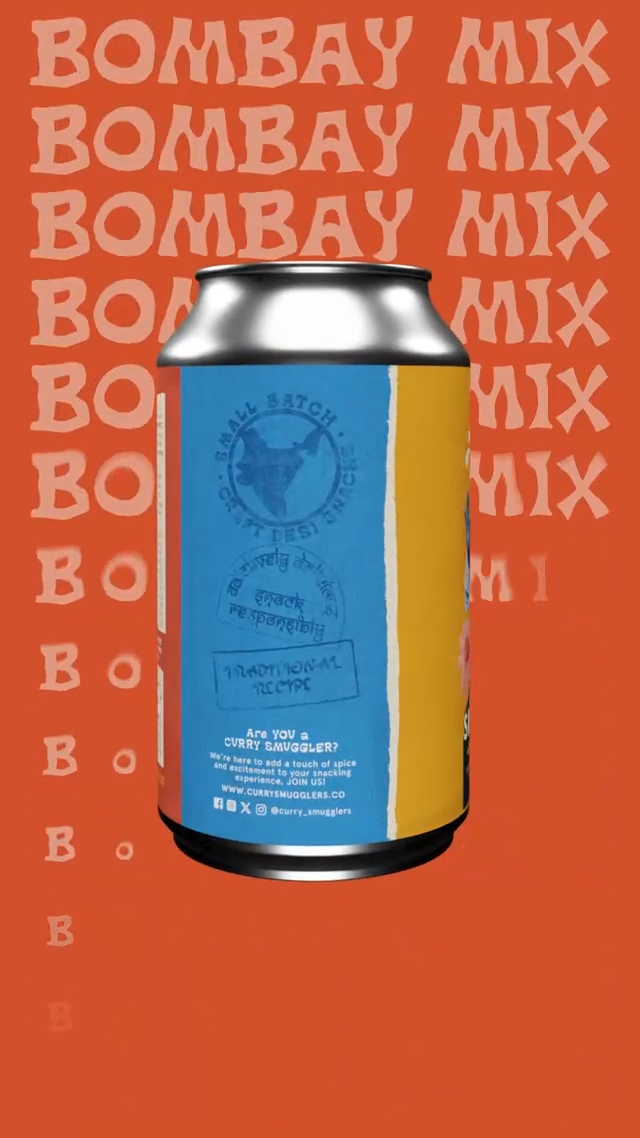 Can of Bombay Mix on an orange background with the brand name repeated.