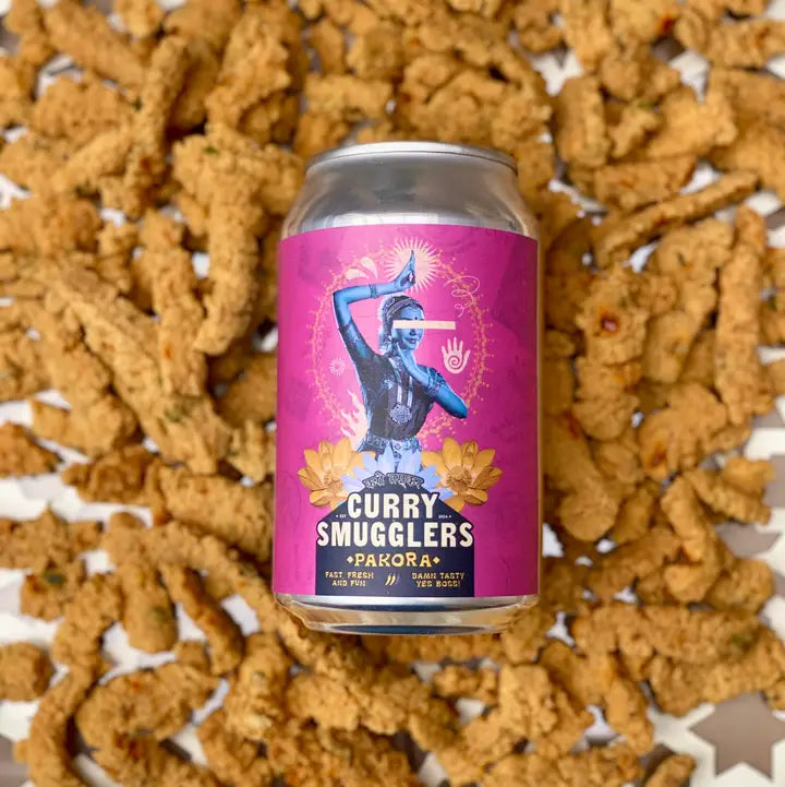 Can of Curry Smugglers pakora on a bed of pakora