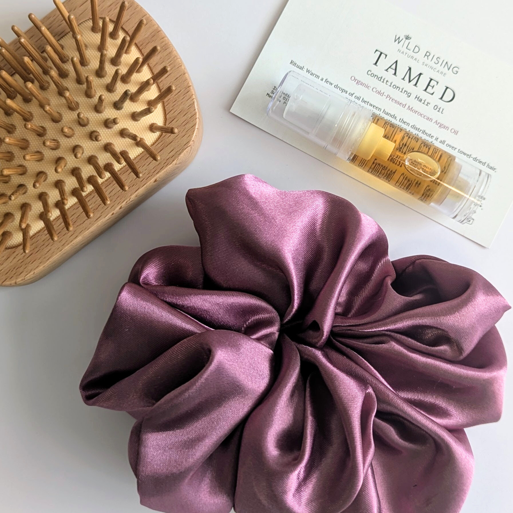 Glossy Locks Trio: Hair Oil, Satin Scrunchie, Bamboo Detangling Brush