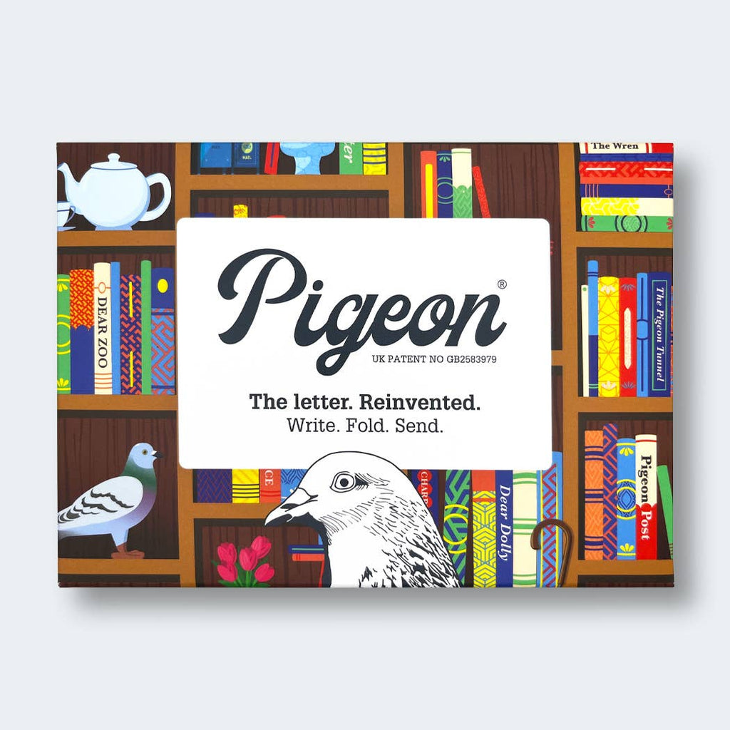 Pigeon product packaging with books and a pigeon illustration on a white background