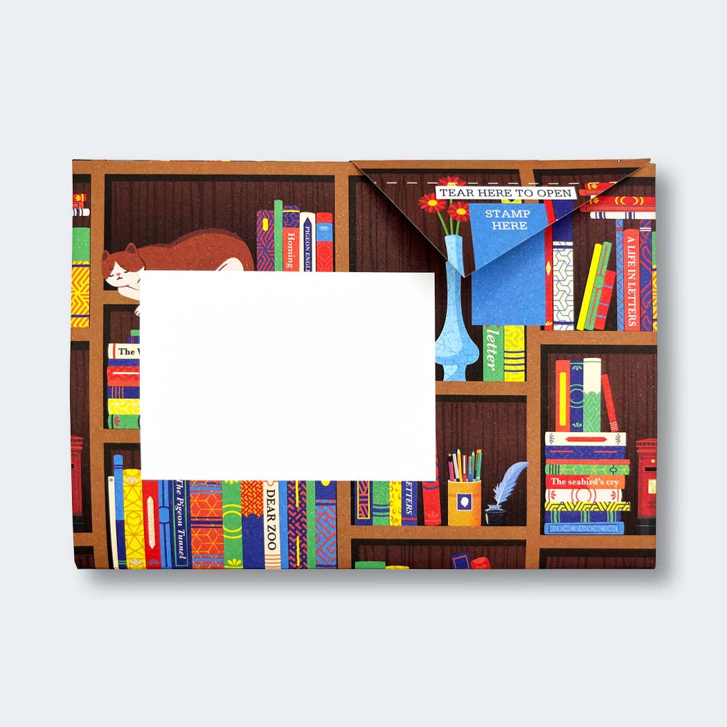 Decorative paper with bookshelf design featuring books and stationery items on a white background