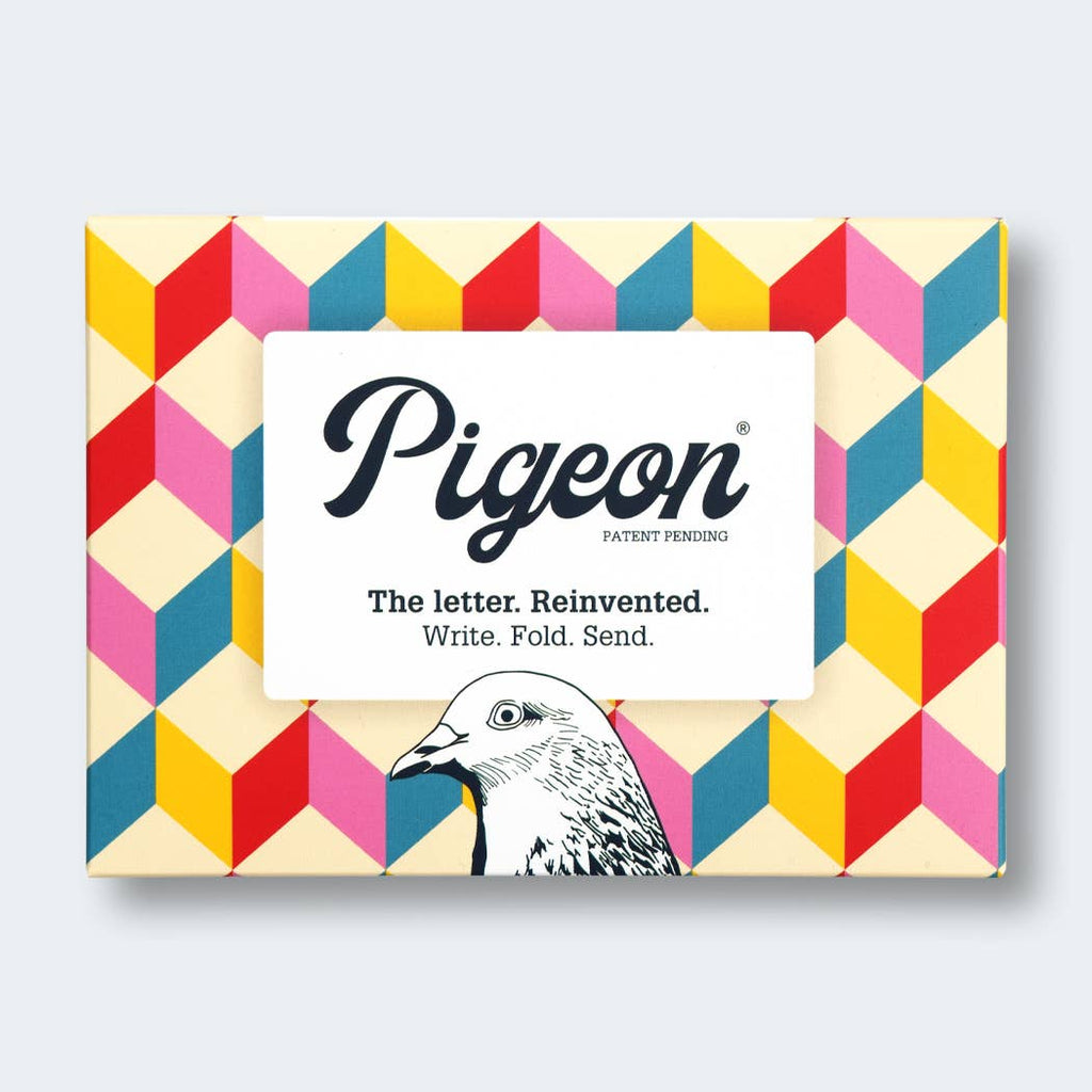 Pigeon product packaging with colorful geometric pattern and pigeon illustration