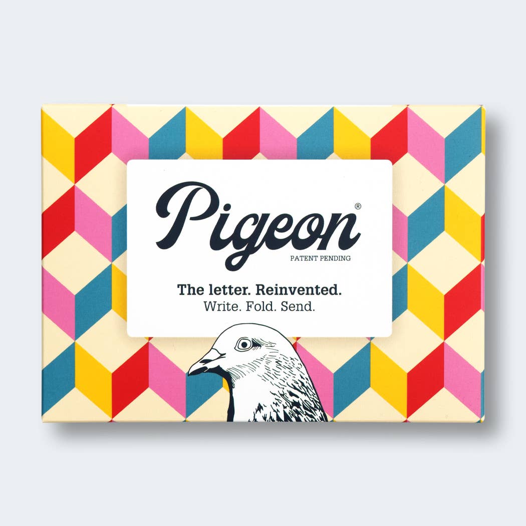 Pigeon product packaging with colorful geometric pattern and pigeon illustration