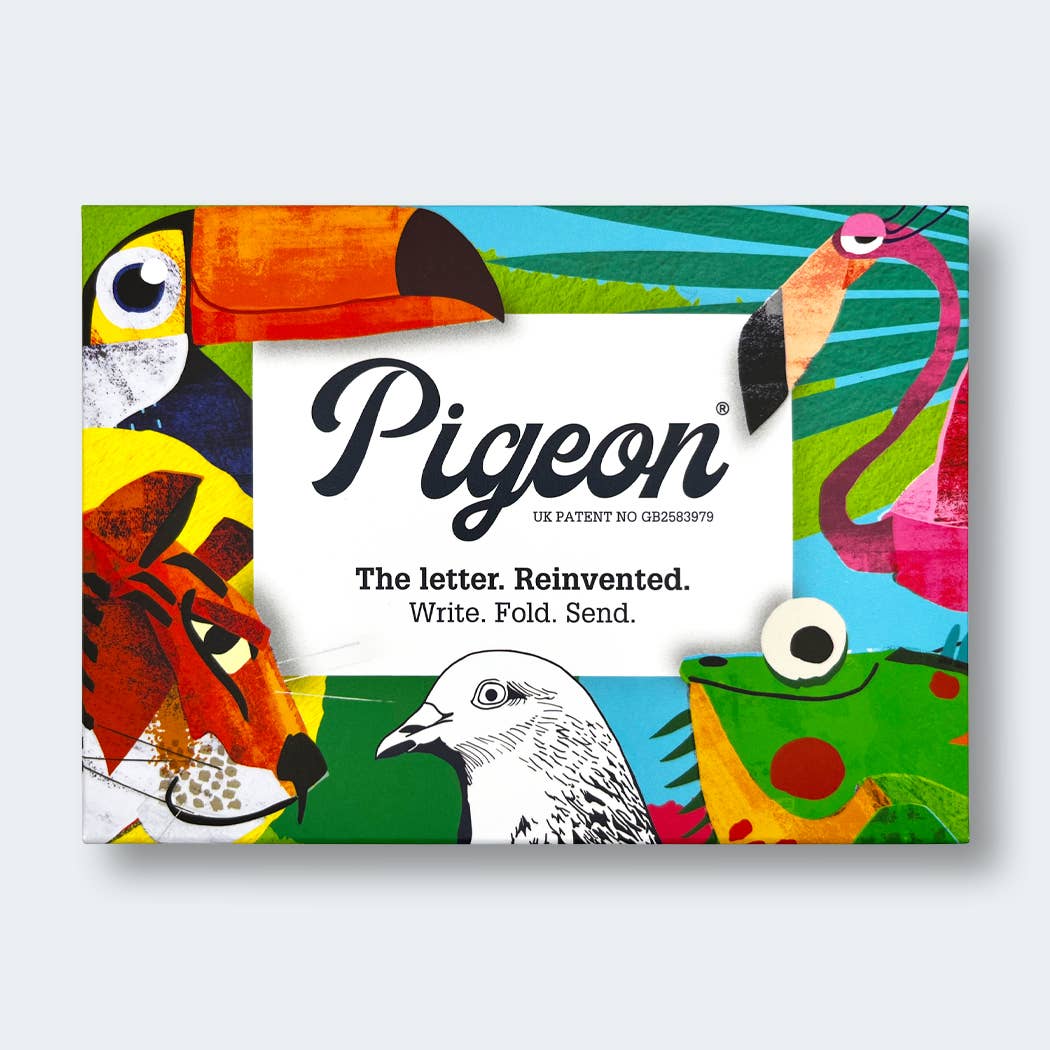 Colorful packaging of Pigeon stationery with animal illustrations on a white background