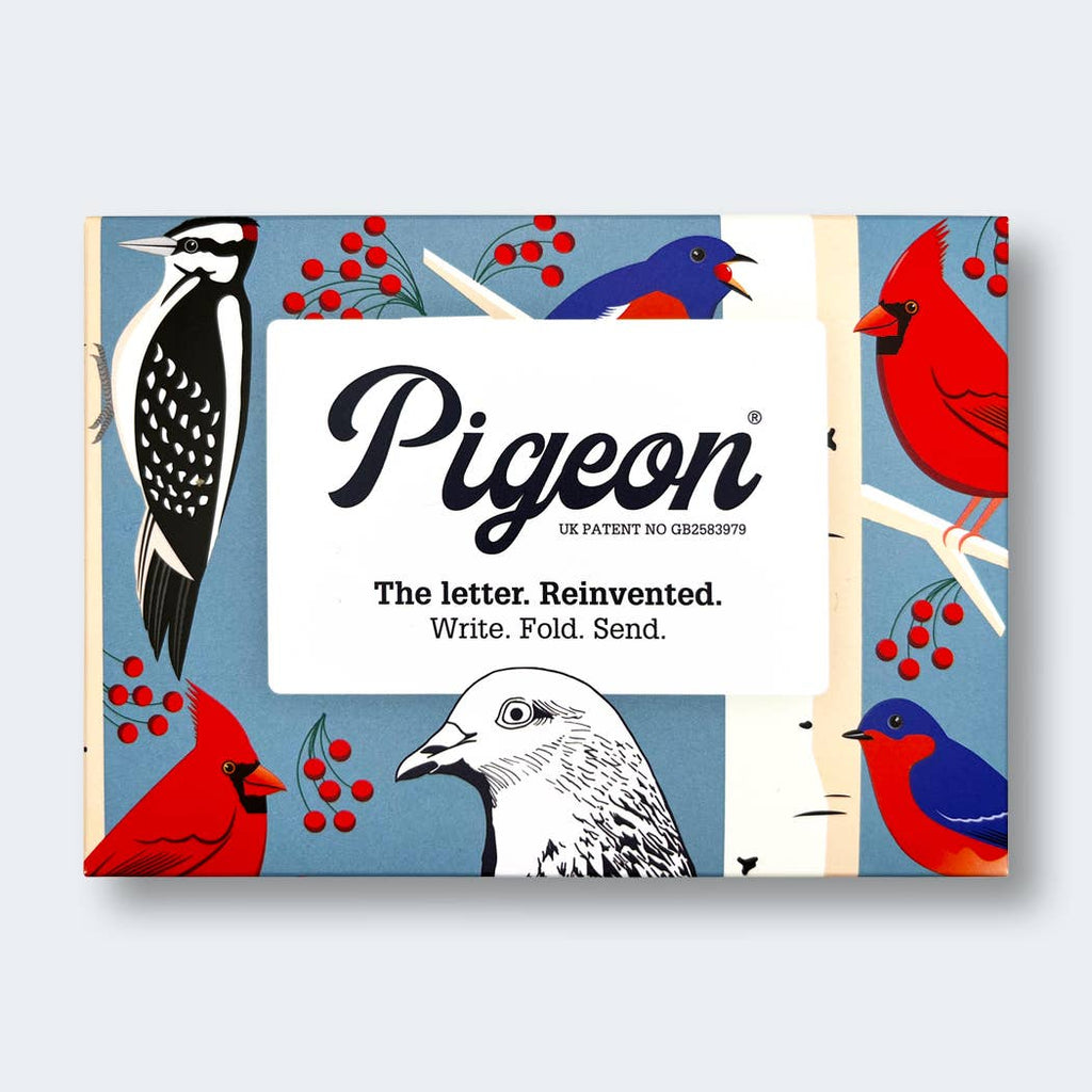 Pigeon letter writing set packaging with birds and berries on a blue background