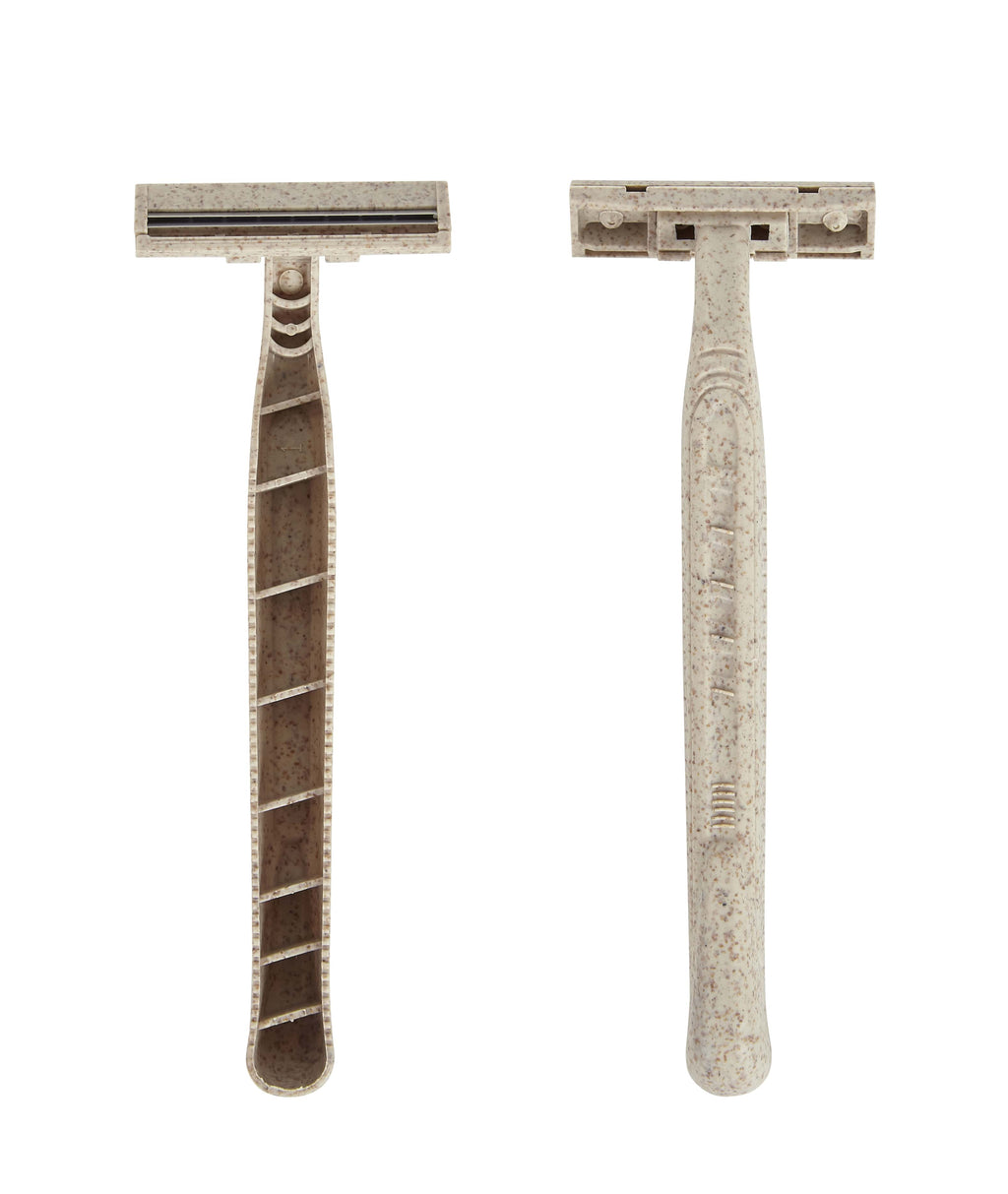 Two safety razors with textured handles on a white background