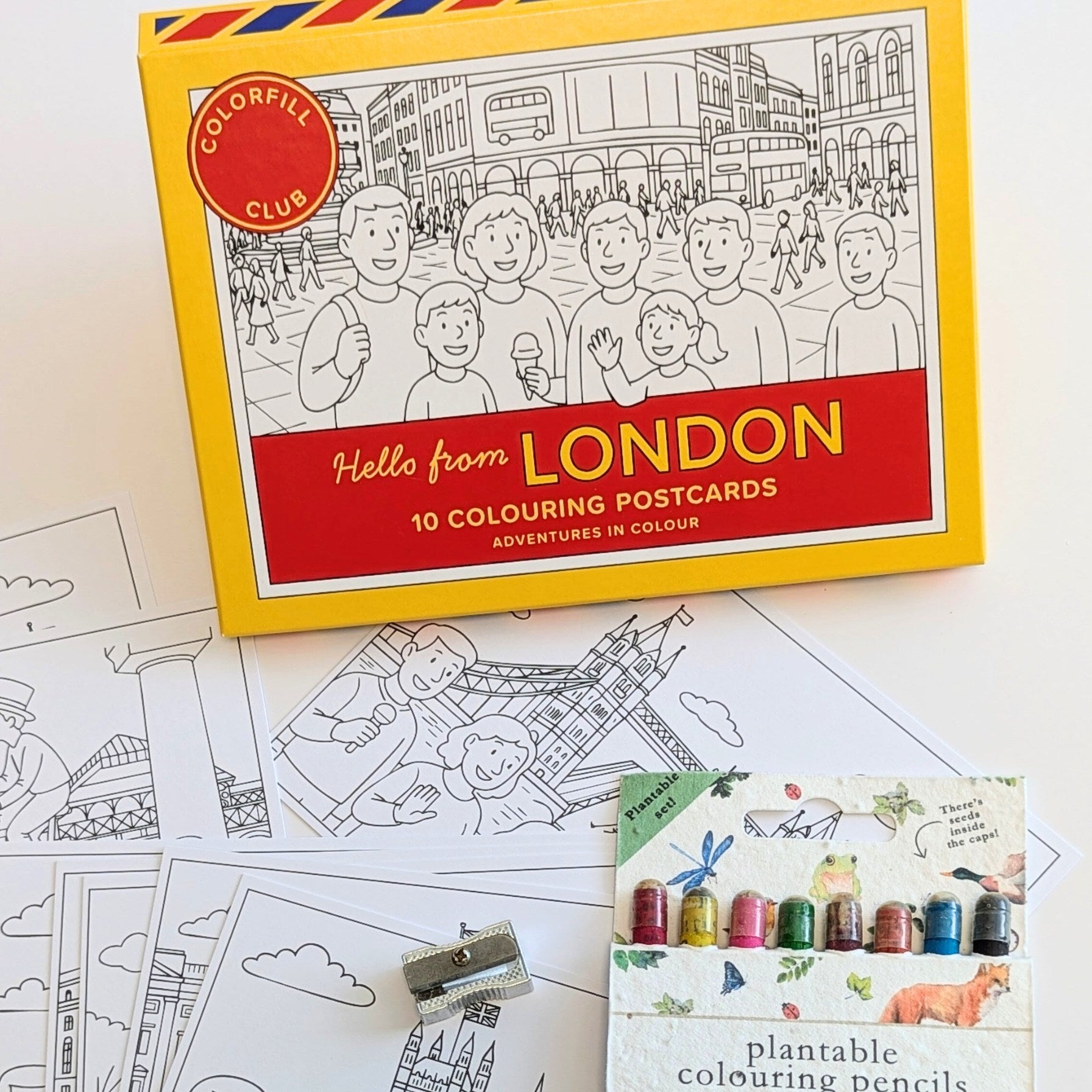 Kids Colouring Correspondence Kit: London Postcards + Plantable Coloured Pencils + Sharpener